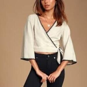 Lulu's Cream Wrap Crop Top with Black Trim